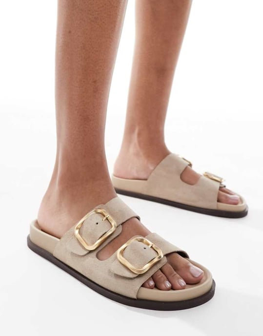 schuh Tylee double buckle sandals in taupe suede - Image 1