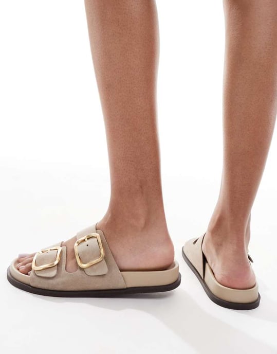 schuh Tylee double buckle sandals in taupe suede - Image 2
