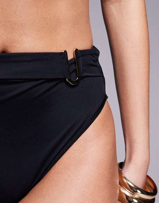 ASOS DESIGN Ella high waist bikini bottom with gold trim in black - Image 4