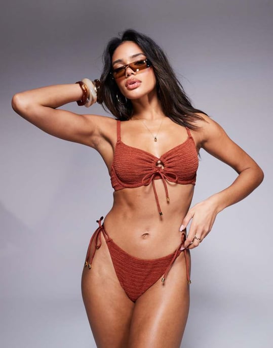 Boux Avenue amalfi stripe texture tanga bikini bottom in rust - Image 4