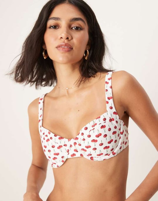 Abercrombie & Fitch ruched underwire bikini top co-ord in cherry print - Image 2