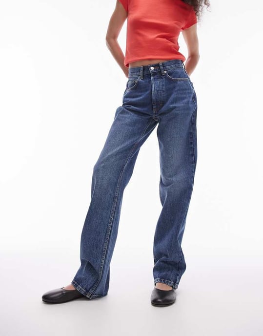 Topshop Kort hög midja rak jeans i mid blå - Image 2