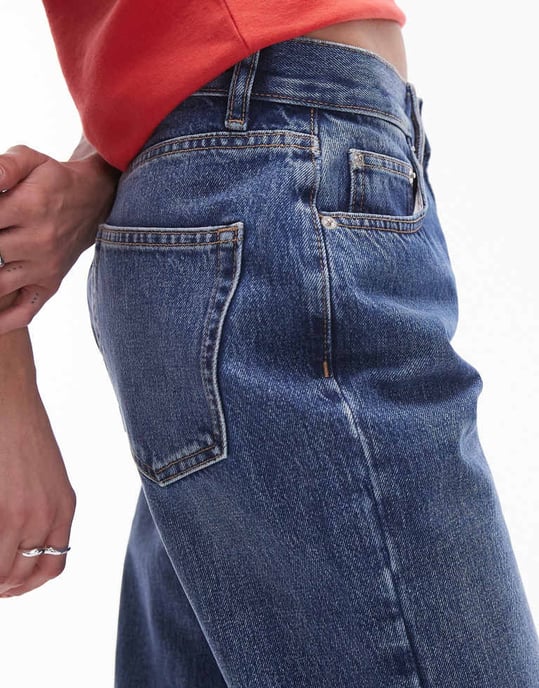 Topshop Kort hög midja rak jeans i mid blå - Image 3