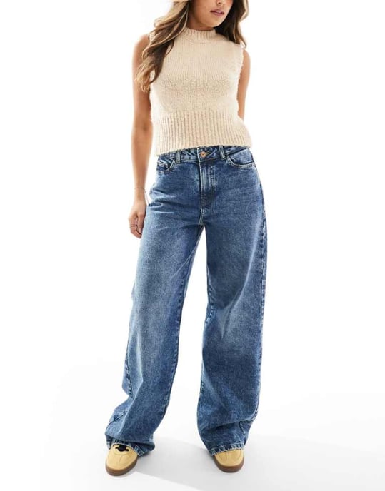 Pieces Selma high waisted wide leg jeans in medium blue rinse - Image 1