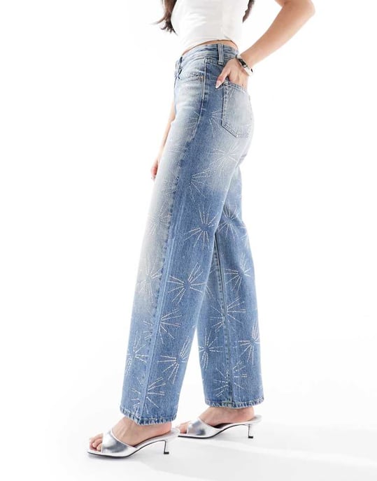 ONLY Hope extra high waist wide leg rhinestone jeans in mid wash - Image 3