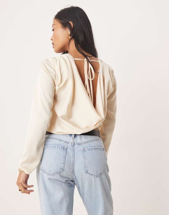 ASOS DESIGN Petite satin cowl bodysuit in cream - Image 3