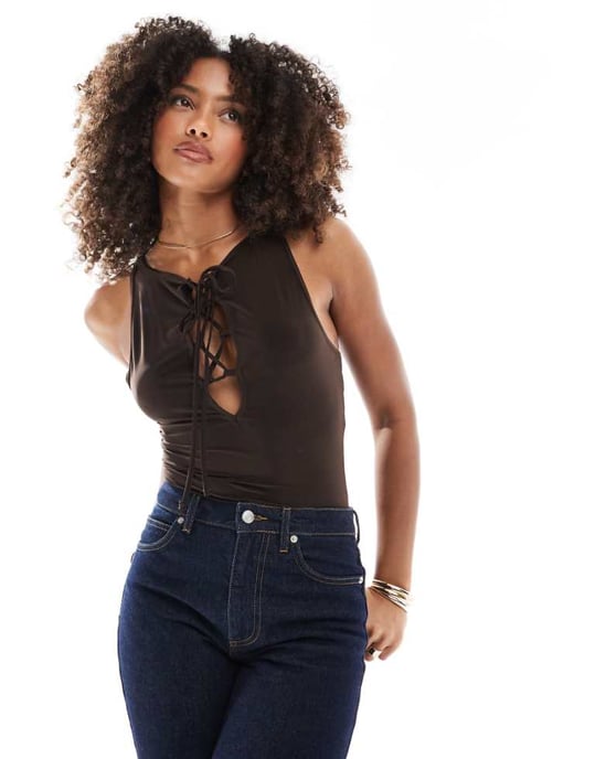 Miss Selfridge tie front bodysuit in chocolate - Image 1