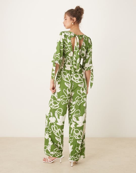 ASOS DESIGN shirred waist jumpsuit action in green floral - Image 4