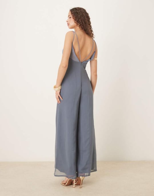 ASOS DESIGN v neck sheer panel chiffon jumpsuit in two tone blue - Image 3