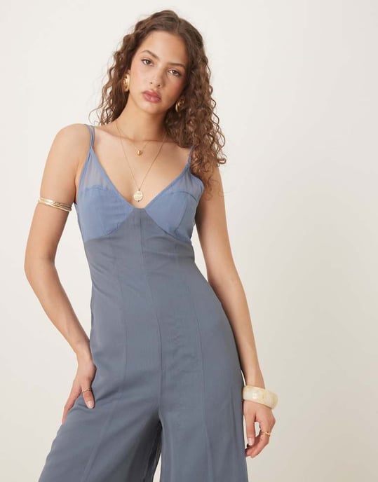 ASOS DESIGN v neck sheer panel chiffon jumpsuit in two tone blue - Image 4
