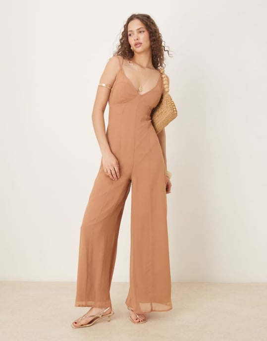 ASOS DESIGN v neck sheer panel chiffon jumpsuit in mocha - Image 1