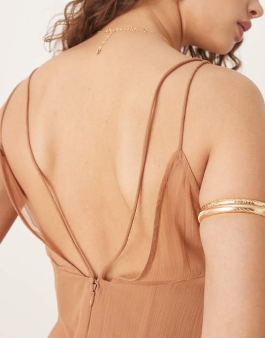ASOS DESIGN v neck sheer panel chiffon jumpsuit in mocha - Image 2