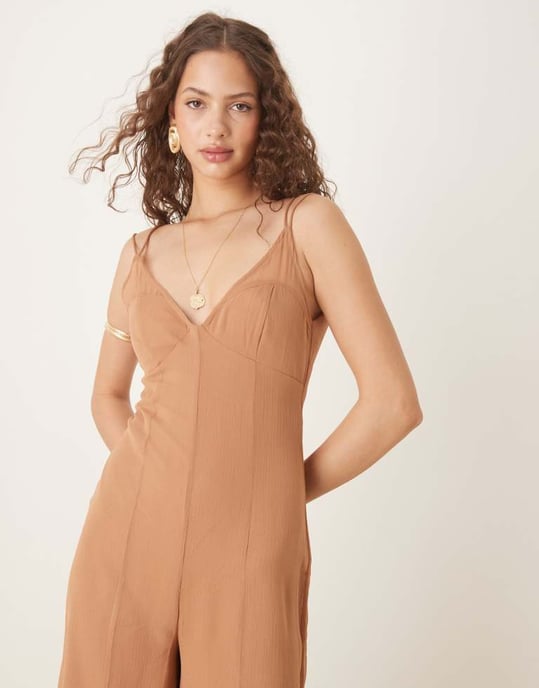ASOS DESIGN v neck sheer panel chiffon jumpsuit in mocha - Image 3
