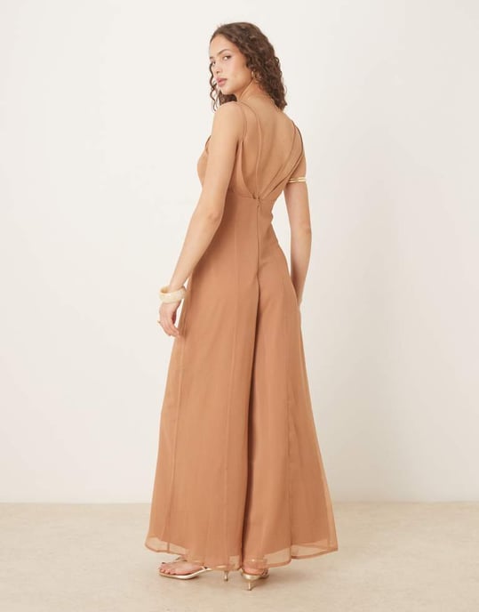 ASOS DESIGN v neck sheer panel chiffon jumpsuit in mocha - Image 4