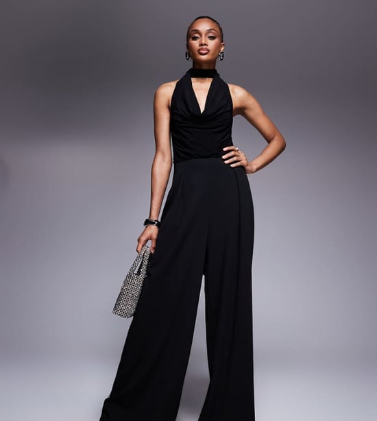 ASOS DESIGN Tall cowl fabric mix wide leg jumpsuit with tie neck in black - Image 1