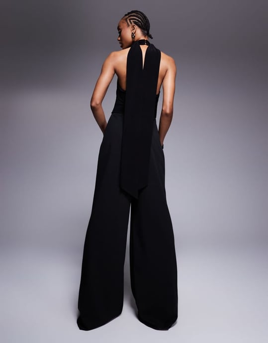 ASOS DESIGN Tall cowl fabric mix wide leg jumpsuit with tie neck in black - Image 2