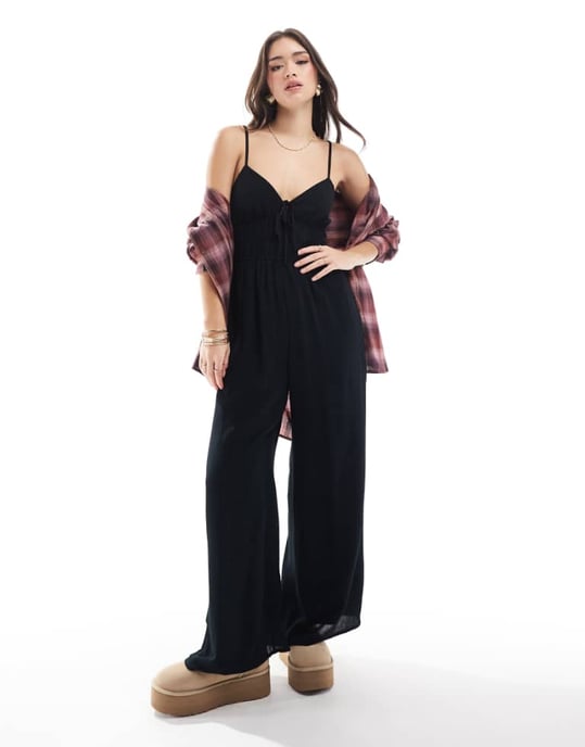 Hollister cami strap jumpsuit with double tie front detail in black - Image 1