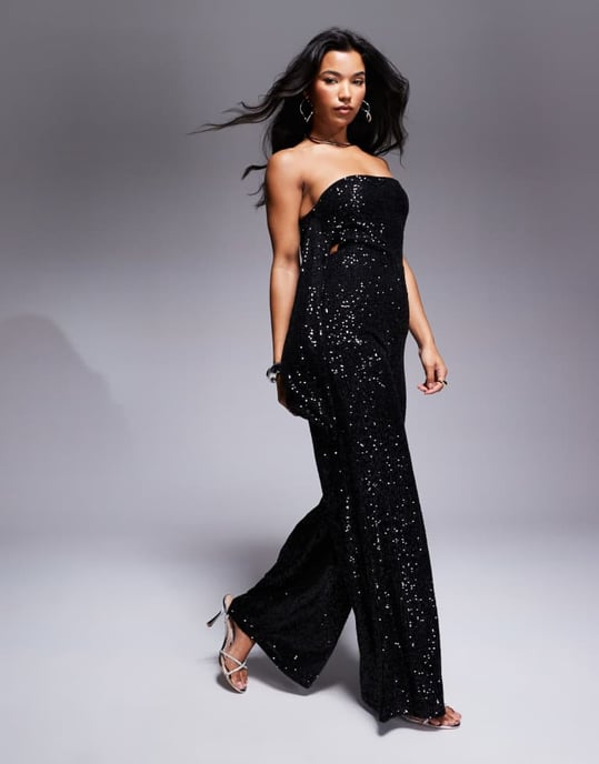 ASOS DESIGN sequin bandeau wide leg jumpsuit with draped back detailing in black - Image 2