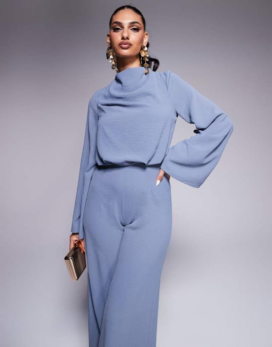 ASOS DESIGN cowl neck long sleeve jumpsuit with open back in dusky blue - Image 4