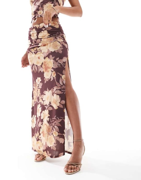 ASOS DESIGN co-ord slinky maxi skirt with ruching at sides in brown floral prints - Image 2