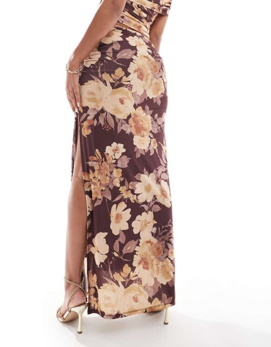 ASOS DESIGN co-ord slinky maxi skirt with ruching at sides in brown floral prints - Image 4