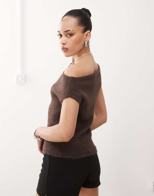 Motel calyce asymmetric fluffy knit in chocolate brown - Image 4