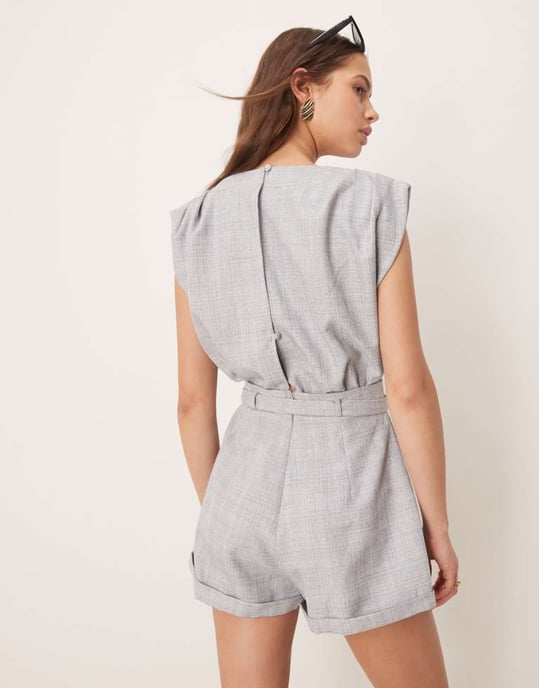 ASOS DESIGN tailored paper bag short playsuit with belt detail in grey - Image 4