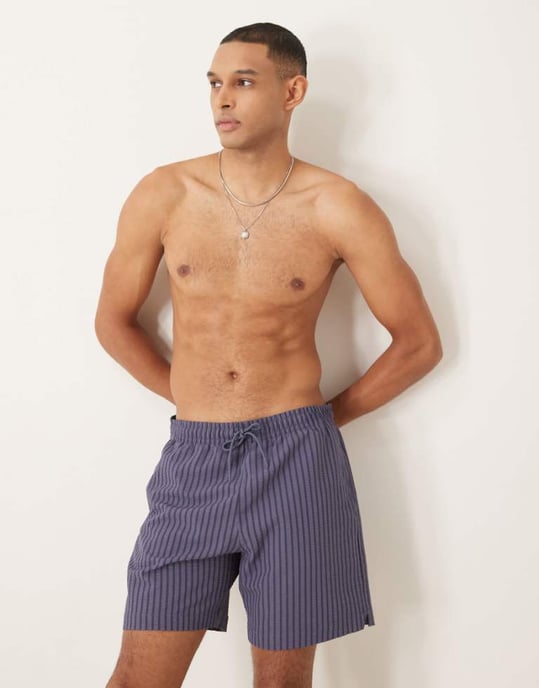 Abercrombie & Fitch 7 inch drawstring swimming trunks in navy stripe - Image 1