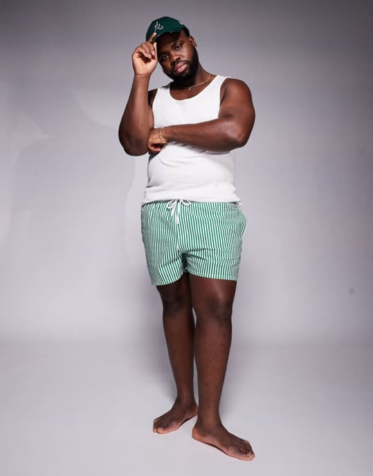 ASOS DESIGN seersucker stripe swim shorts in short length in green - Image 2