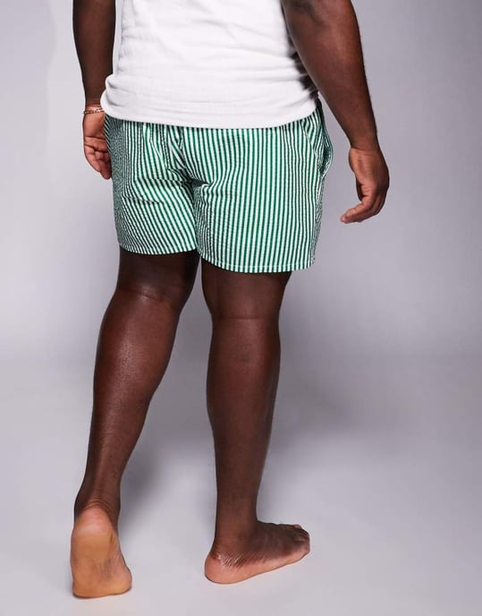 ASOS DESIGN seersucker stripe swim shorts in short length in green - Image 4