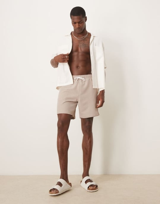 Abercrombie & Fitch 7 inch drawstring swimming trunks in tan - Image 2