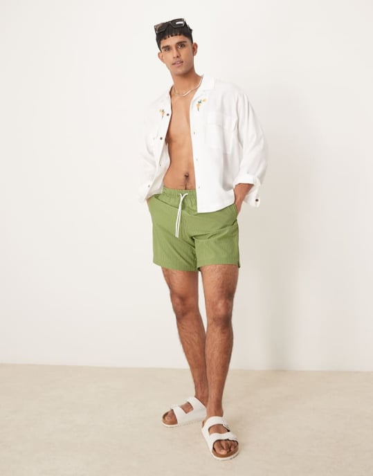 Abercrombie & Fitch 7 inch drawstring swimming trunks in green stripe - Image 1