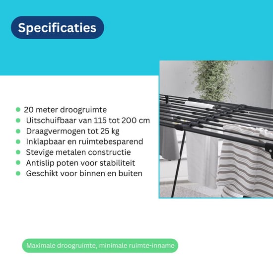 Wasophoogte ® uitschuifbaar droogrek – 20m – inklapbaar – verstelbaar - Image 3
