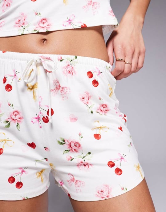 Kaiia exclusive cotton rich mix & match tie waist pyjama shorts co-ord in cherry rose print - Image 4