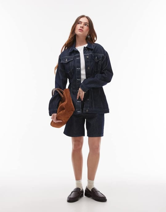 Topshop denim loose fit jort in dark blue stripe - Image 1