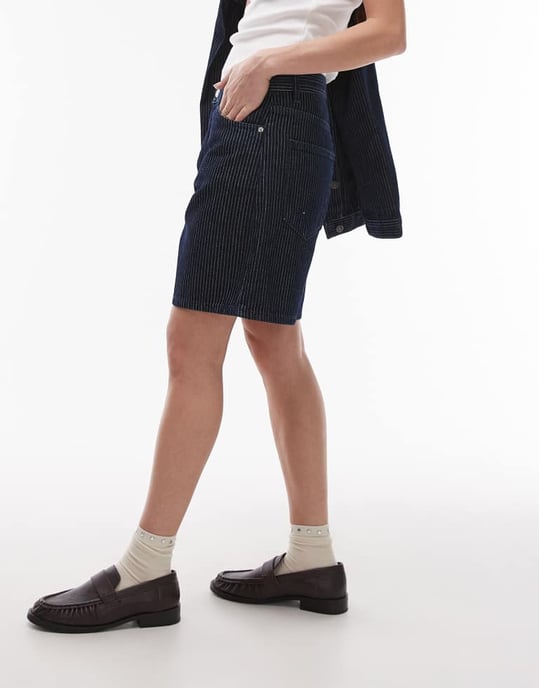 Topshop denim loose fit jort in dark blue stripe - Image 4