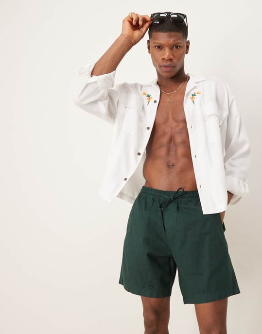 Abercrombie & Fitch 6 inch textured linen drawstring shorts in green - Image 4