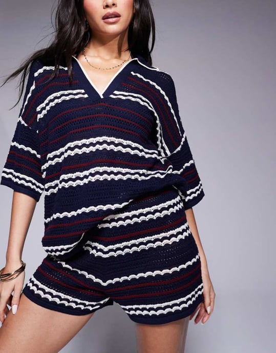 ASOS DESIGN stickad strandshorts-koord i marinblå och röd rand - Image 2