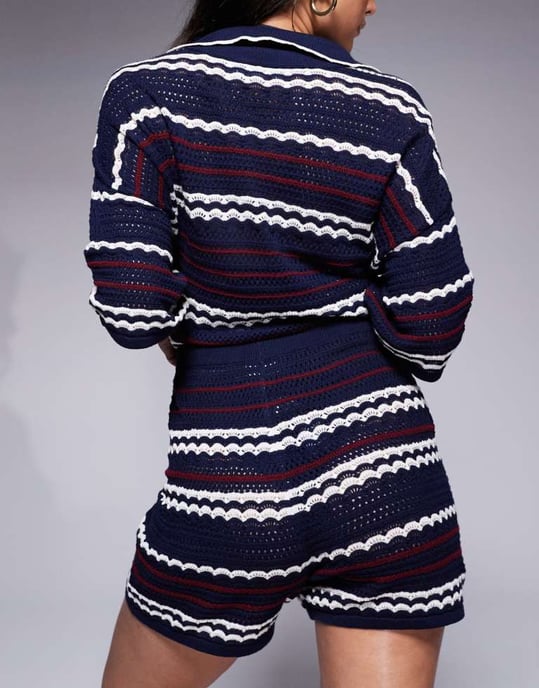 ASOS DESIGN stickad strandshorts-koord i marinblå och röd rand - Image 3