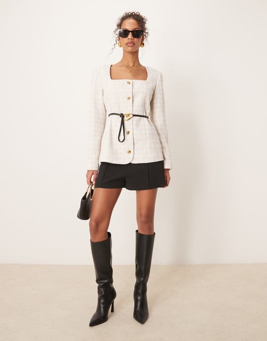 ASOS DESIGN boucle scoop neck belted blazer in off white - Image 2