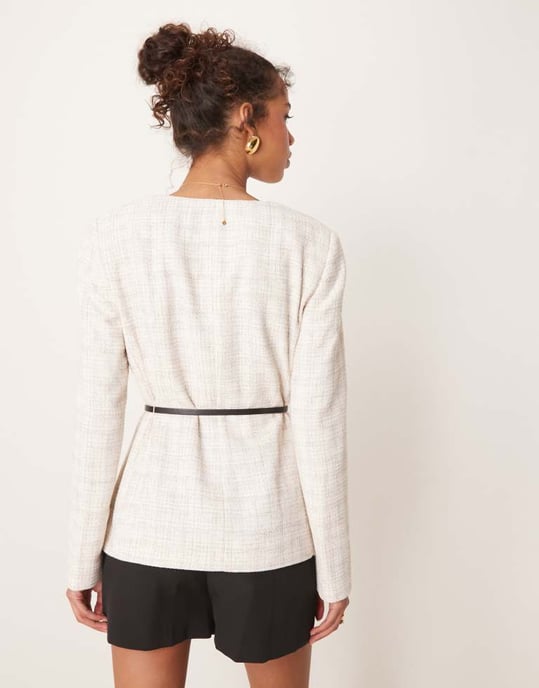 ASOS DESIGN boucle scoop neck belted blazer in off white - Image 4