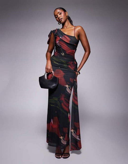 ASOS DESIGN stretch chiffon asymmetrisk draperad maxiklänning med kappa bak och sashesdetalj i mörk blommönster - Image 2