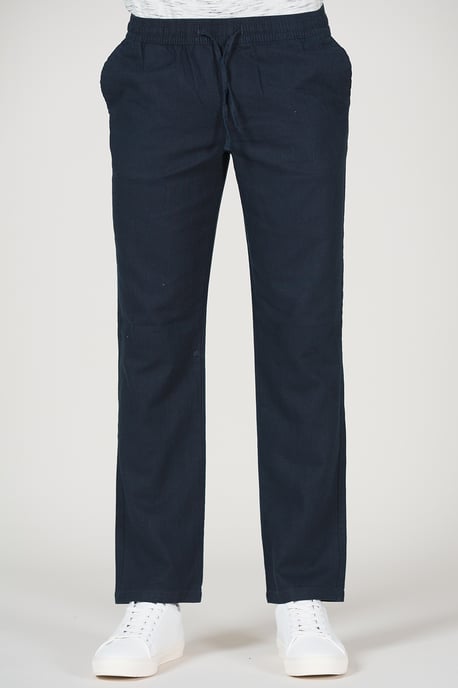 Navy Cotton Linen Drawstring Straight Leg Trousers - Image 1