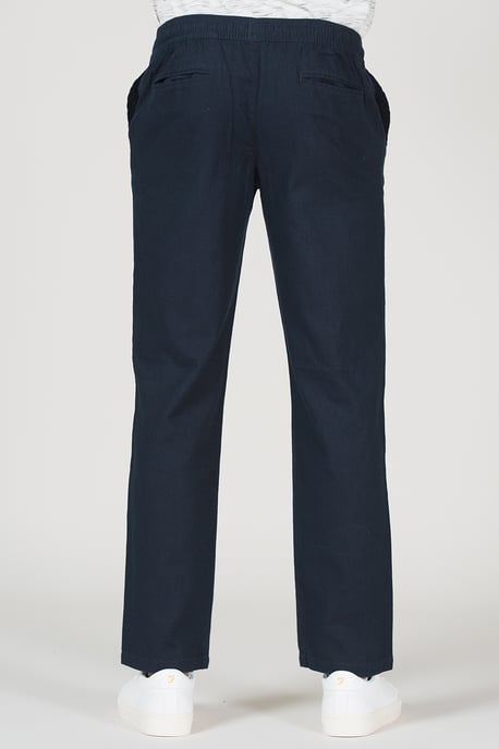Navy Cotton Linen Drawstring Straight Leg Trousers - Image 2