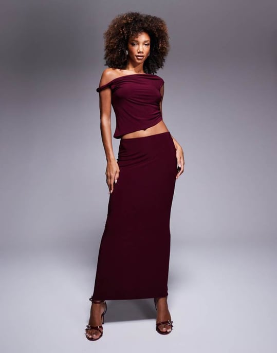 ASOS DESIGN co-ord slinky maxi kjol i vinröd - Image 1