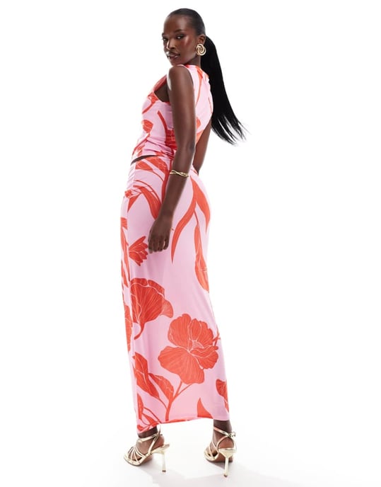 ASOS DESIGN samordnad slinky maxikjol i rosa överdimensionerade blommor - Image 2