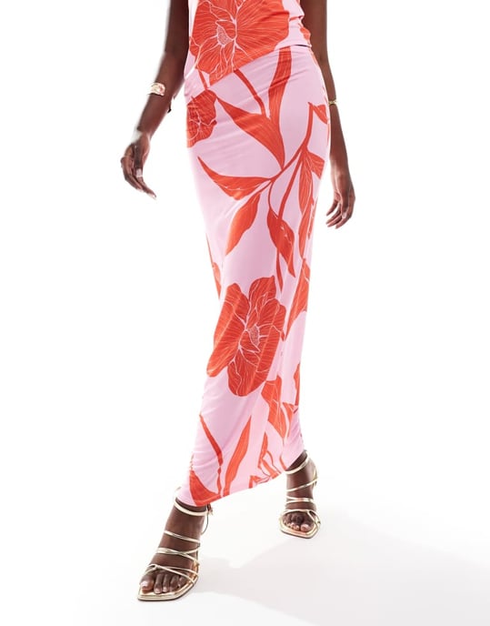 ASOS DESIGN samordnad slinky maxikjol i rosa överdimensionerade blommor - Image 4