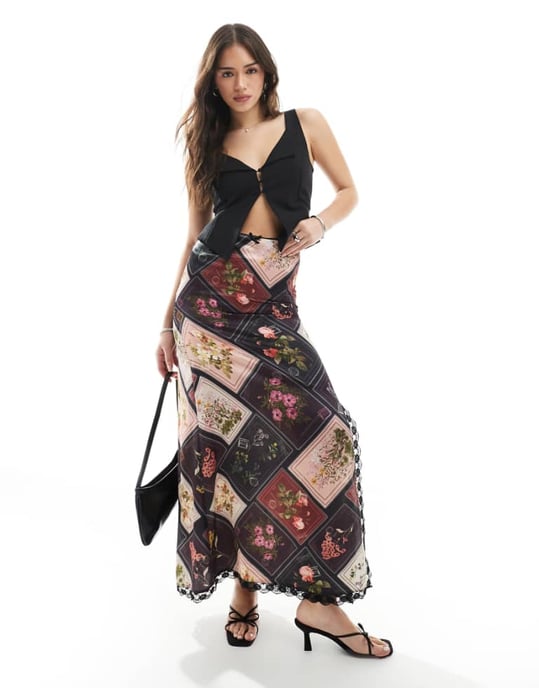 Miss Selfridge maxikjol i patchwork postkorttryck - Image 1