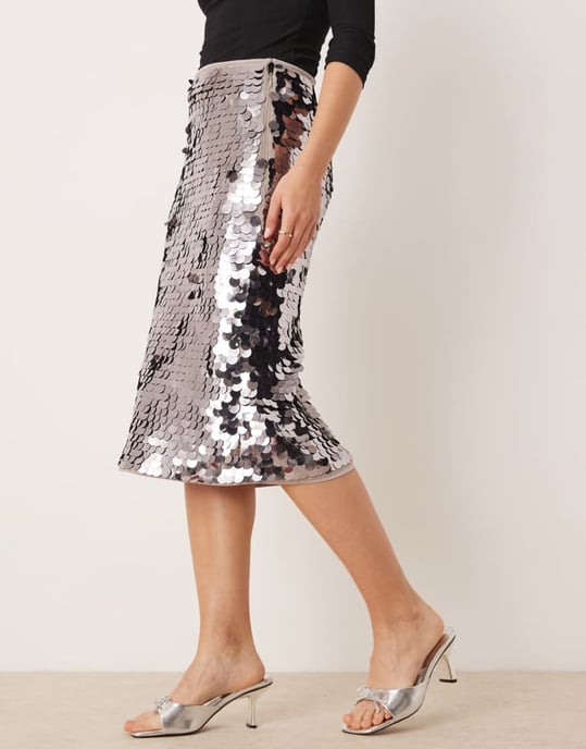 Abercrombie & Fitch hög midja silver paljett midi kolumnkjol - Image 3
