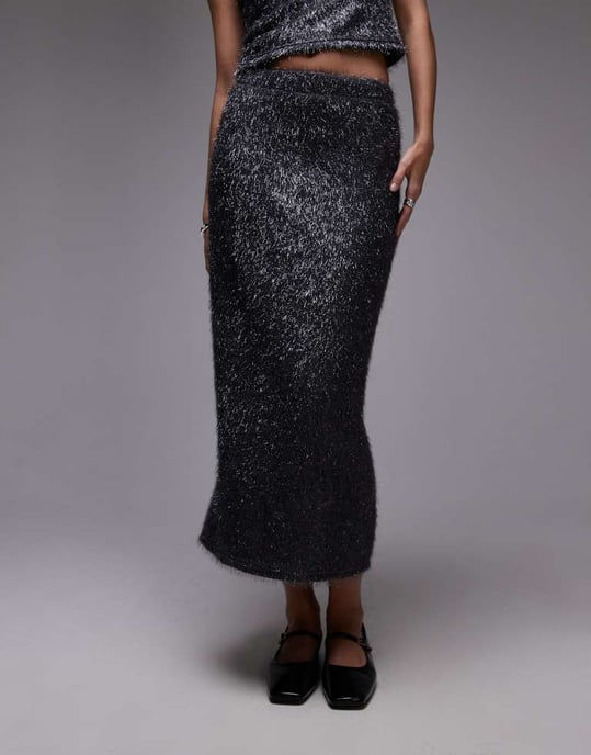 Topshop paljett midi kjol i gråmetall - Image 3
